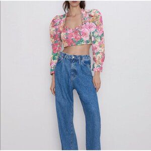 Zara Floral Print Padded Shoulder Puff Sleeve Ruffle Trim Crop Top Pink